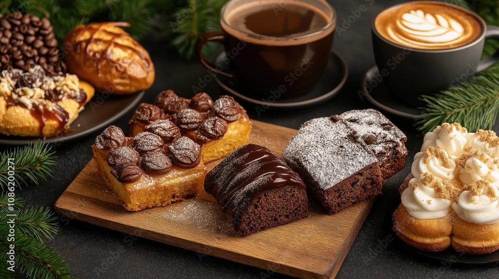 A delicious assortment of desserts and coffee arranged on a wooden platter, featuring pastries, cakes, and a rich cappuccino, set against a festive backdrop. A delicious assortment of desserts and coffee arranged on a wooden platter, featuring pastries, cakes, and a rich cappuccino, set against a festive backdrop.
