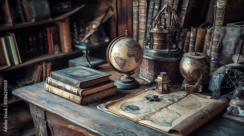 Antique Books, Globes, and Maps on a Wooden Desk