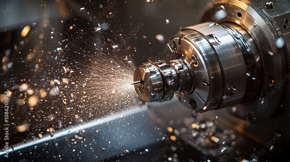 Close-up of a precision lathe cutting metal, showcasing sparks and machining process.