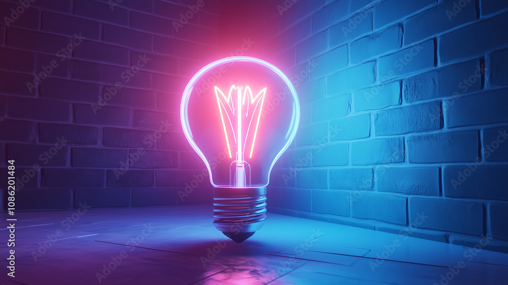 Blue light bulb with neon frame, low poly design, stock illustration concept, modern 3D graphic, futuristic technology Blue light bulb with neon frame, low poly design, stock illustration concept, modern 3D graphic, futuristic technology