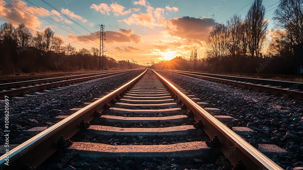 Obraz premium Train Tracks Sunset Landscape