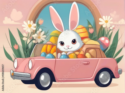 Easter car with painted eggs and a cute bunny on the roof.