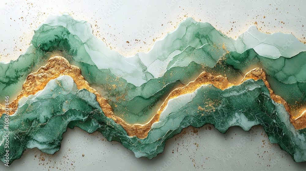 Abstract green and gold agate design resembling mountain ranges. Abstract green and gold agate design resembling mountain ranges.