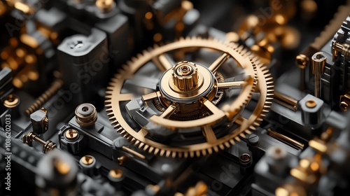 Close-up of a golden gear against a complex machinery background, showcasing innovation and precision in engineering.