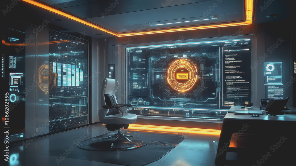 Fototapeta premium Futuristic Security Office in a Modern Tech Environment Featuring High-Tech Displays and Sleek Design Suitable for Innovation and Strategic Planning
