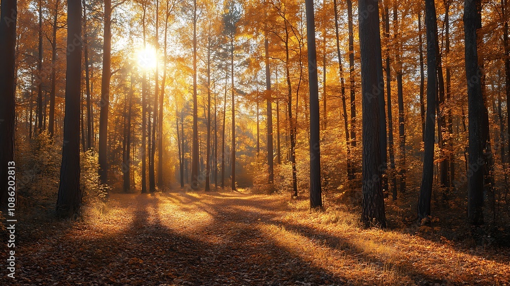 Autumn forest path sunlight trees Autumn forest path sunlight trees