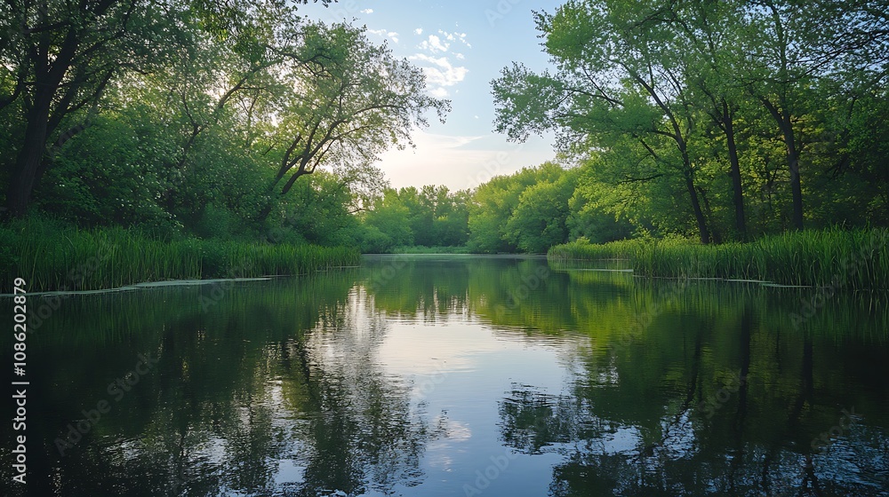 Serene River Landscape in Lush Green Forest Serene River Landscape in Lush Green Forest