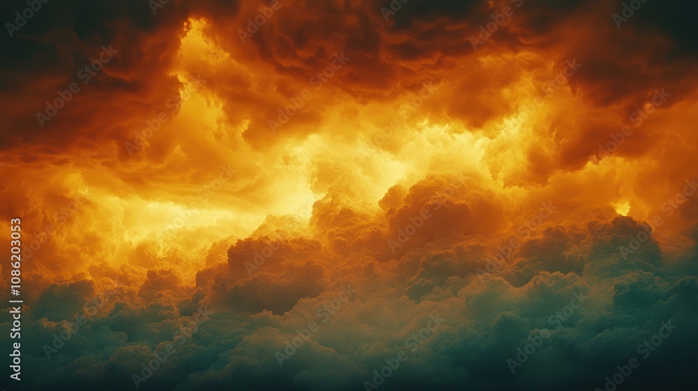 Dramatic clouds illuminated by vibrant orange and yellow hues. Dramatic clouds illuminated by vibrant orange and yellow hues.