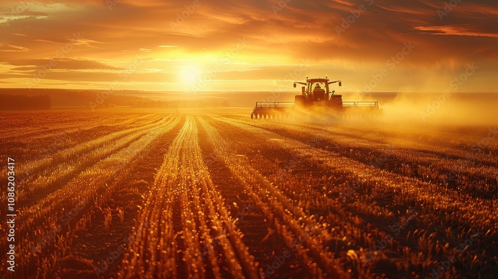 Tractor Working Golden Sunset Agricultural Field Tractor Working Golden Sunset Agricultural Field