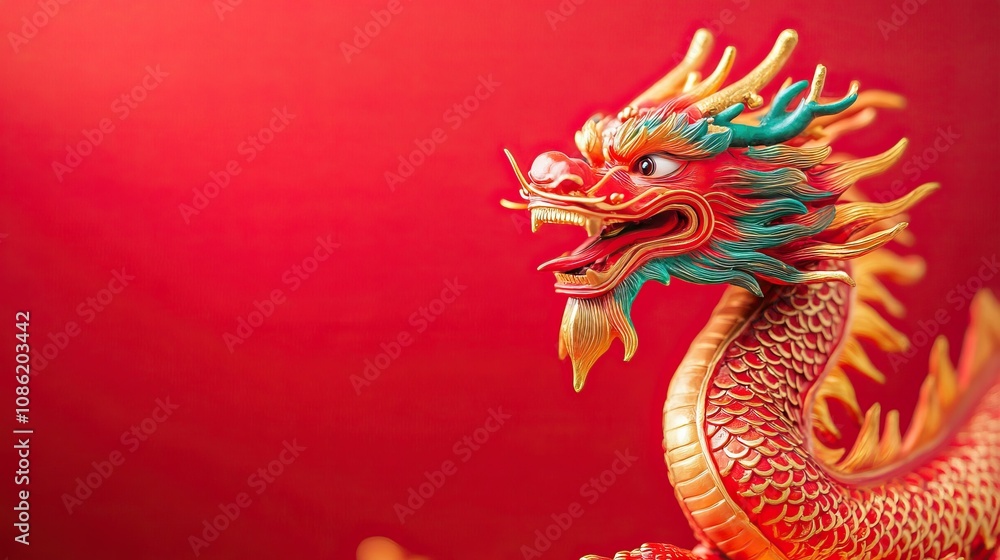 Vibrant red chinese dragon with golden accents against red background for chinese new year celebration concept Vibrant red chinese dragon with golden accents against red background for chinese new year celebration concept