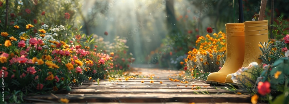 Fototapeta premium Yellow Boots Beside A Sunlit Garden Path