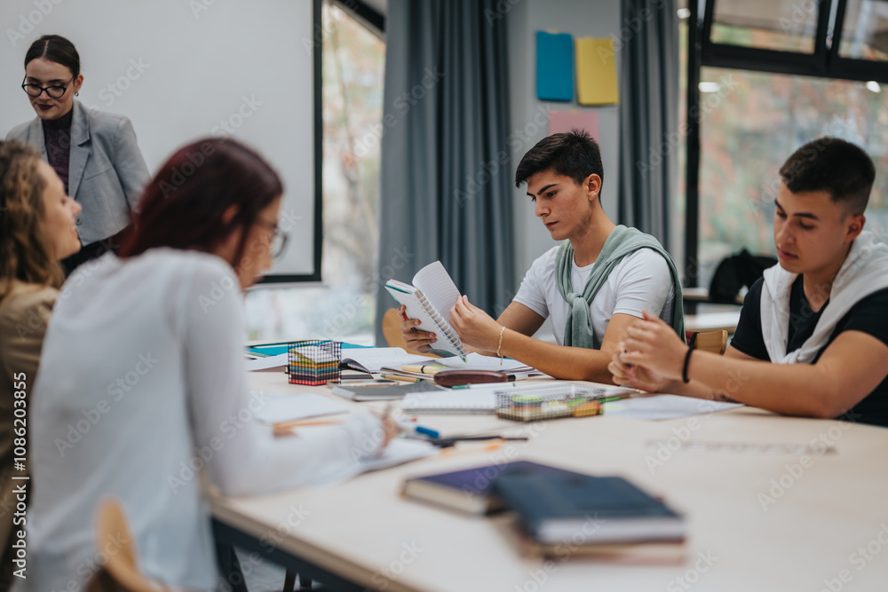 A group of students engaged in collaborative learning in a bright and modern classroom, with a teacher offering support and guidance. The scene highlights teamwork and a dynamic educational A group of students engaged in collaborative learning in a bright and modern classroom, with a teacher offering support and guidance. The scene highlights teamwork and a dynamic educational