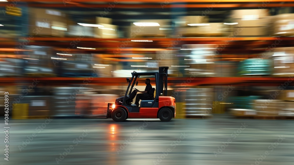 Fototapeta premium Forklift Driver Moving Quickly Through Warehouse Aisles