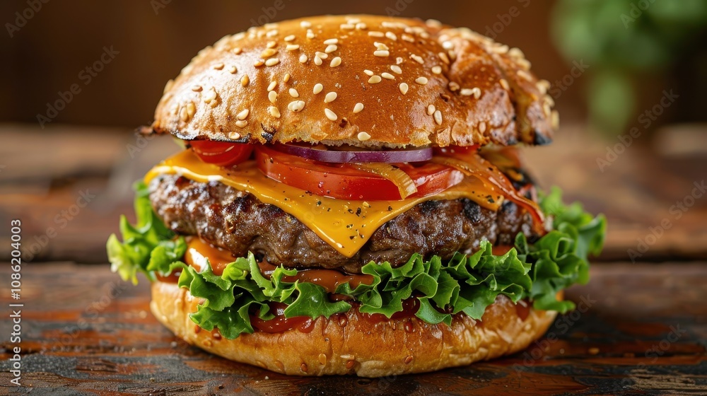 Delicious Juicy Cheeseburger on Sesame Bun