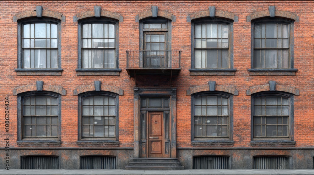 A classic brick building facade with multiple windows and a balcony. A classic brick building facade with multiple windows and a balcony.