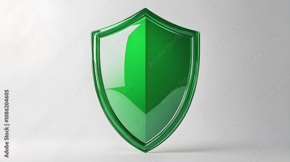 A 3D protection concept with a shield on a white background. Green shield icon A 3D protection concept with a shield on a white background. Green shield icon