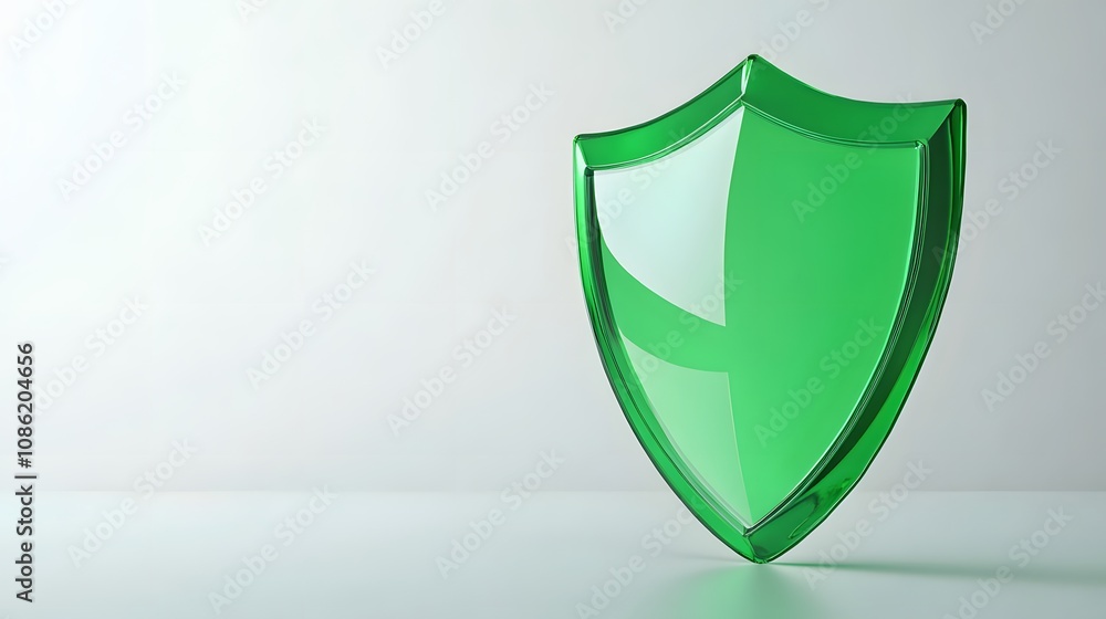 A 3D protection concept with a shield on a white background. Green shield icon A 3D protection concept with a shield on a white background. Green shield icon