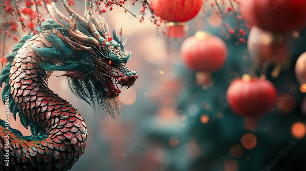 Naklejka premium Majestic dragon among red lanterns and cherry blossoms celebrating chinese new year, symbolizing prosperity and good fortune