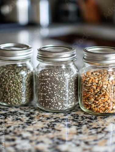 Three glass jars are filled with pumpkin seeds, hemp seeds, and chia seeds placed on a kitchen countertop for healthy storage. Generative AI