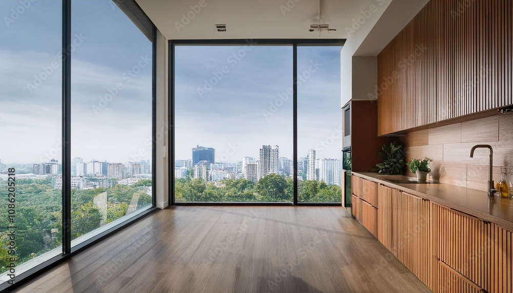 Fototapeta premium Modern kitchen interior with wooden cabinets and city view through large window. 3D Rendering