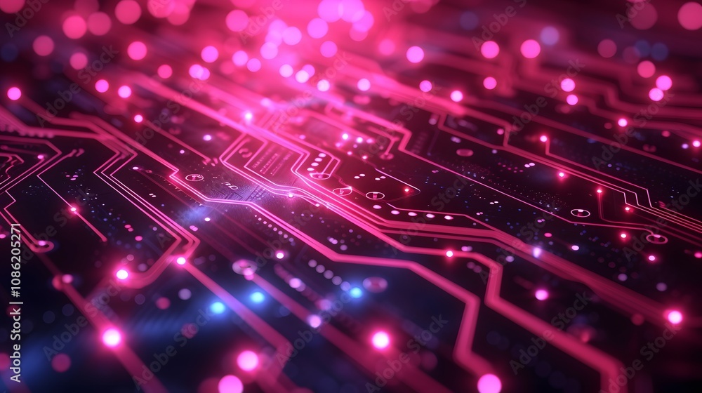 Close-up view of a detailed electronic circuit board with a focus on technology, design, and microchip patterns Close-up view of a detailed electronic circuit board with a focus on technology, design, and microchip patterns