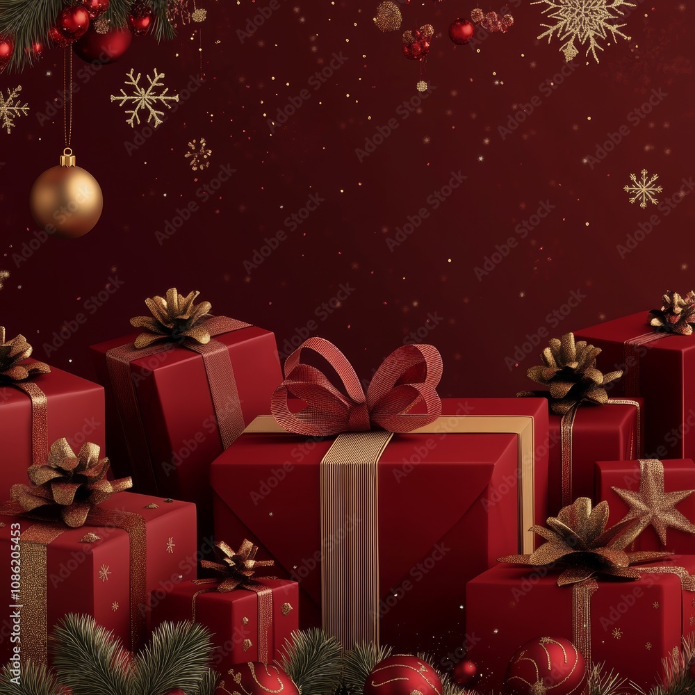 A festive arrangement of vibrant red gifts adorned with shimmering gold bows and elegant ornaments, evoking joy and celebration for the holiday season. A festive arrangement of vibrant red gifts adorned with shimmering gold bows and elegant ornaments, evoking joy and celebration for the holiday season.