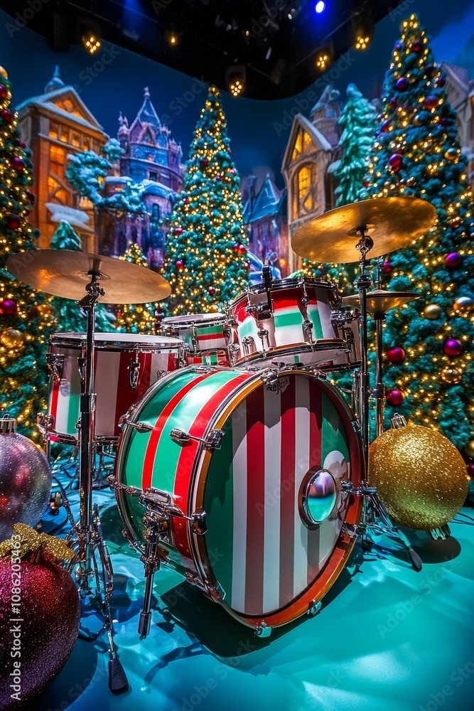 Naklejka premium A vibrant drum set adorned with festive decorations stands proudly in front of a beautifully lit Christmas tree, radiating holiday cheer and musical spirit.