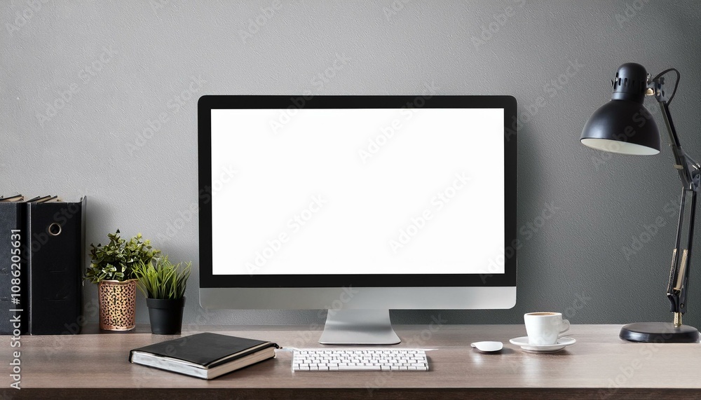 Fototapeta premium Stylish office room interior with table and computer. Mockup frame