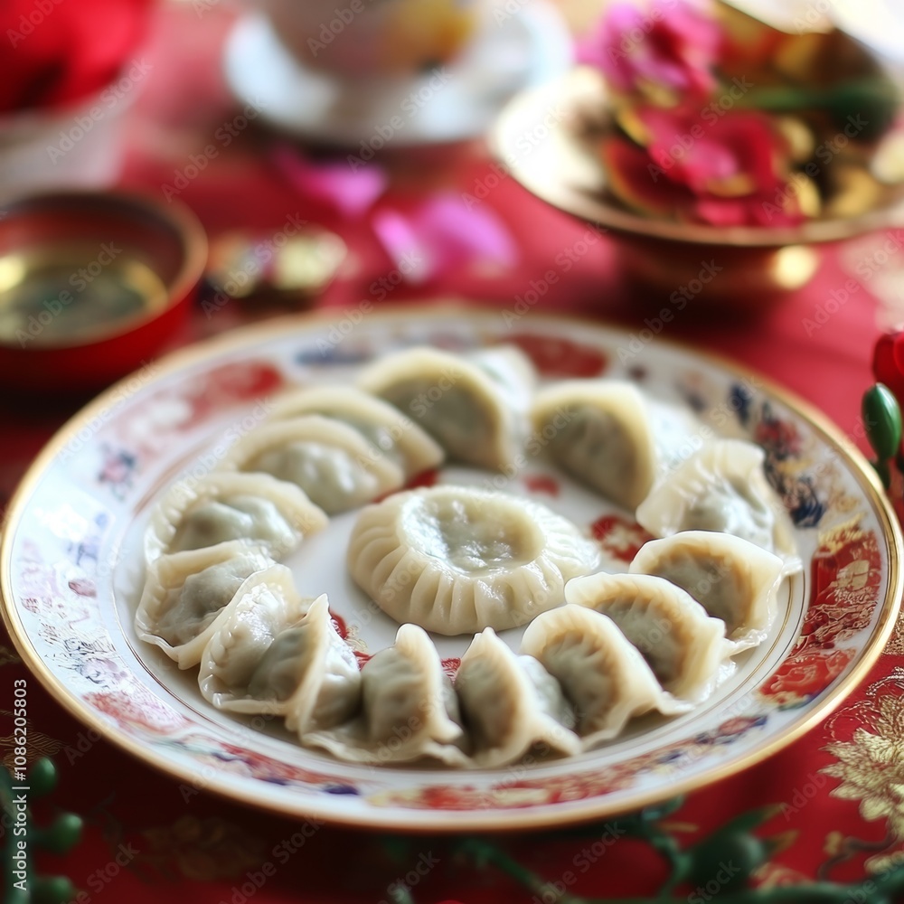 A vibrant plate of steaming dumplings rests on a rich red cloth, inviting warmth and flavor, perfect for sharing and indulging in delightful culinary traditions. A vibrant plate of steaming dumplings rests on a rich red cloth, inviting warmth and flavor, perfect for sharing and indulging in delightful culinary traditions.