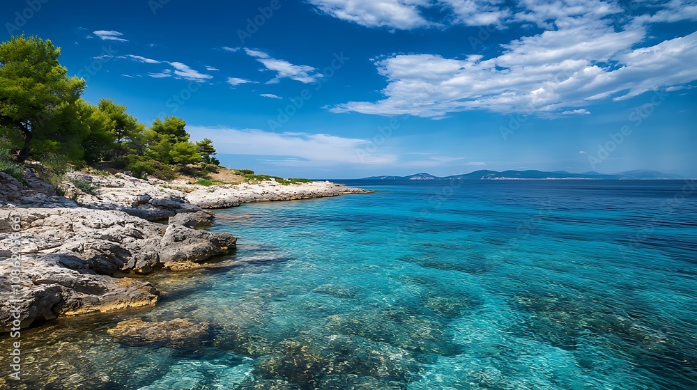 Clear turquoise water, rocky coast, and blue sky. Summer vacation concept. Clear turquoise water, rocky coast, and blue sky. Summer vacation concept.