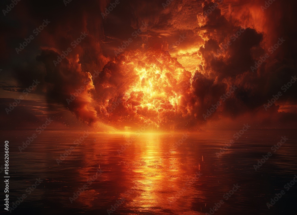 Fiery Explosion Over Dark Ocean Waters At Sunset Fiery Explosion Over Dark Ocean Waters At Sunset