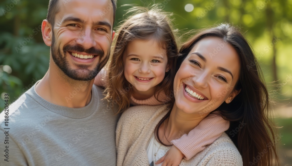 A radiant family stands together in a sunlit park, their smiles illuminating the scene with warmth and happiness. The little girl, nestled between her parents, beams with joy, embodying the pure A radiant family stands together in a sunlit park, their smiles illuminating the scene with warmth and happiness. The little girl, nestled between her parents, beams with joy, embodying the pure