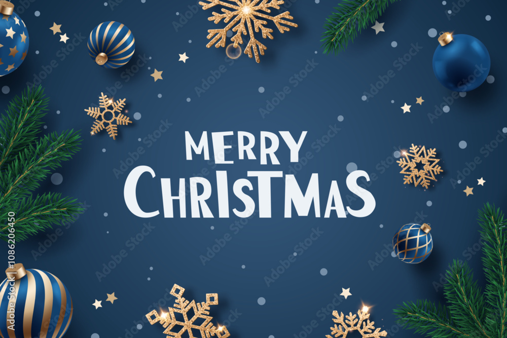 Fototapeta premium Christmas card with gold snowflakes, blue ornaments, and pine branches on a dark blue background