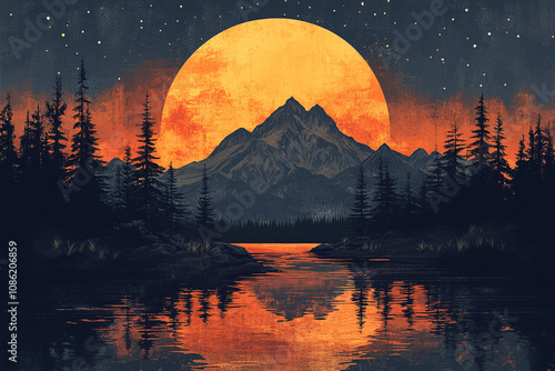 Majestic Mountain Lake Sunset With Orange Moon