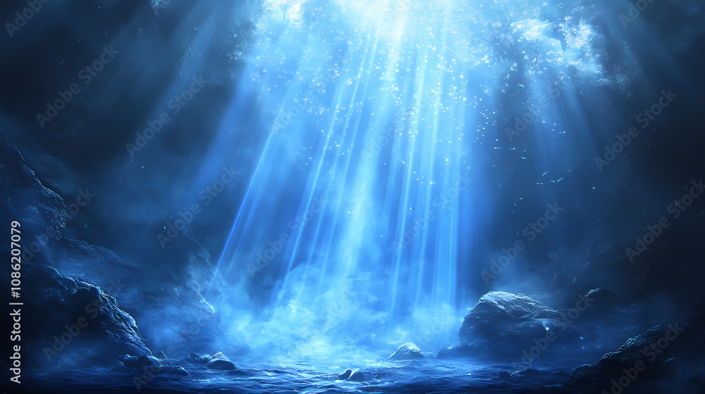 Fototapeta premium Dynamic blue light beams create an ethereal atmosphere in a dark setting. Ethereal Light Beams. Illustration
