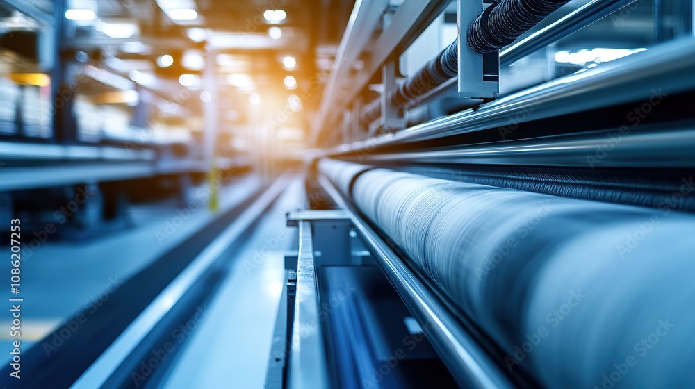 Fototapeta premium A close-up view of a conveyor belt in an industrial setting, emphasizing motion and efficiency.