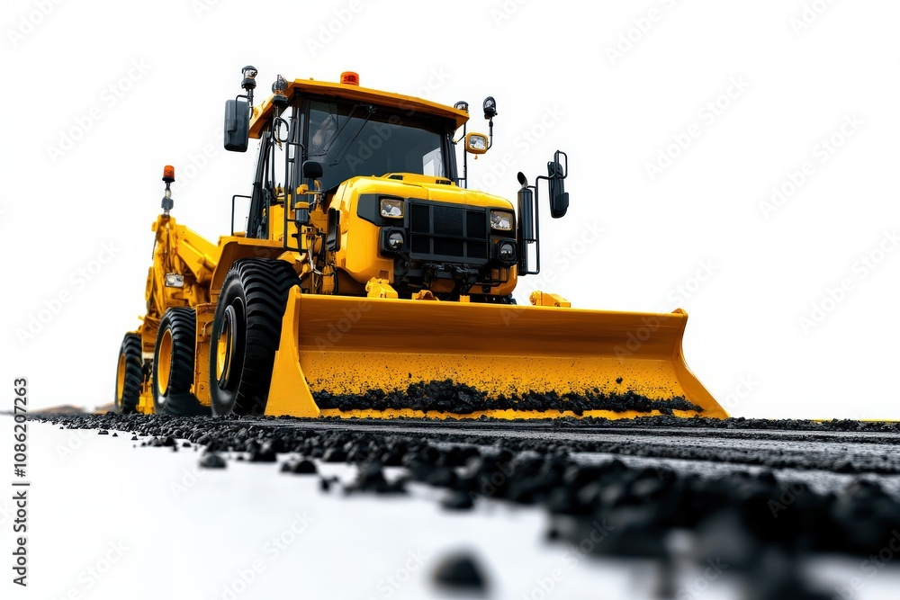 A bright yellow bulldozer is clearing a path, showcasing its powerful blade against a backdrop of dark material. A bright yellow bulldozer is clearing a path, showcasing its powerful blade against a backdrop of dark material.