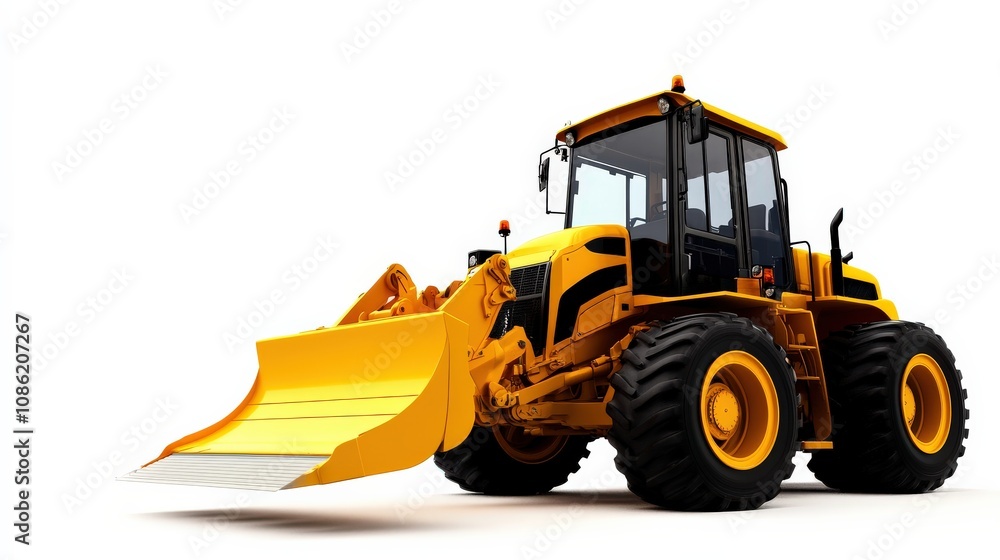 A yellow bulldozer with a large front blade, designed for heavy construction and earthmoving tasks, shown against a white background. A yellow bulldozer with a large front blade, designed for heavy construction and earthmoving tasks, shown against a white background.