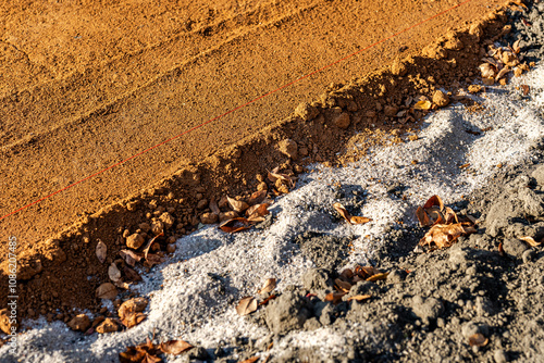 Construction photos of new baseball, softball, sports field red clay pitchers mound and infield clay surfacing.
 photo