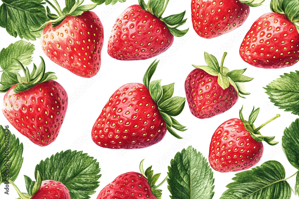 Watercolor Illustration of Fresh Red Strawberries and Leaves Watercolor Illustration of Fresh Red Strawberries and Leaves