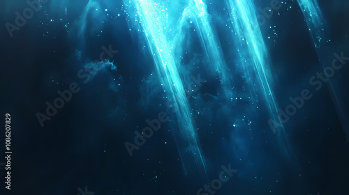 A blue light beam rises from a dark background, with streaks of light radiating outwards, creating a sense of energy and movement. Ethereal Light Beams. Illustration