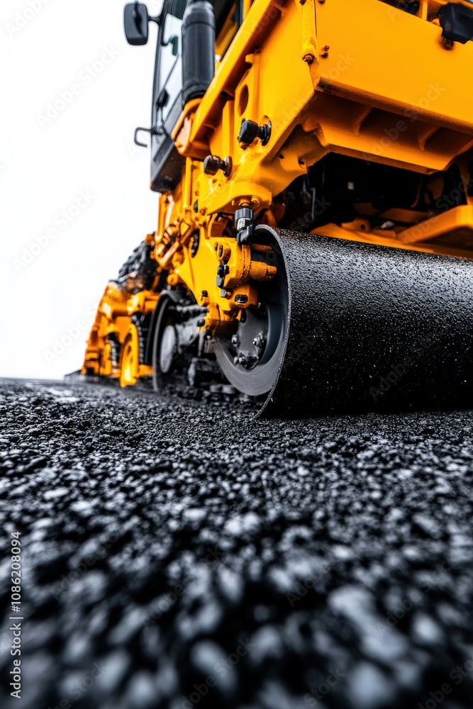 A construction vehicle applies asphalt to a freshly paved road, showcasing heavy machinery and the intricate texture of the asphalt surface.