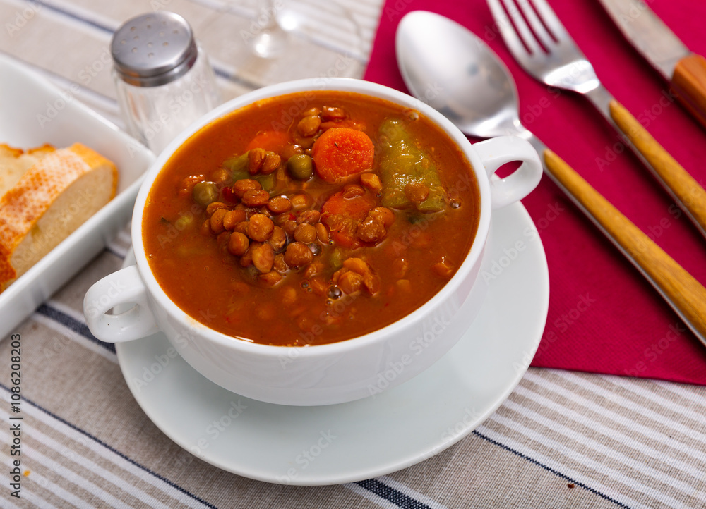 Homemade vegan lentil soup with vegetables, top view Homemade vegan lentil soup with vegetables, top view