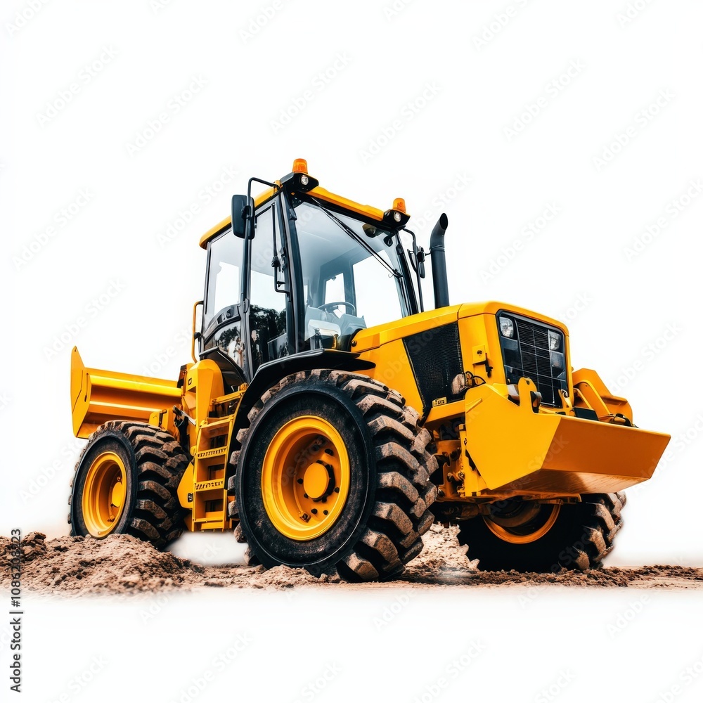 A yellow tractor with large tires is positioned on sandy terrain, ideal for construction and landscaping tasks. A yellow tractor with large tires is positioned on sandy terrain, ideal for construction and landscaping tasks.