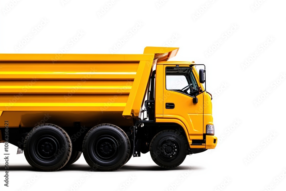 A vibrant yellow dump truck, viewed from the side, showcasing its sturdy design and large wheels, ready for heavy-duty tasks. A vibrant yellow dump truck, viewed from the side, showcasing its sturdy design and large wheels, ready for heavy-duty tasks.