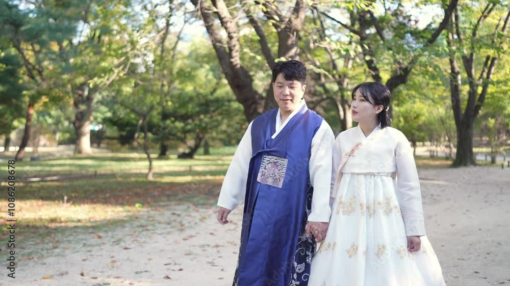 A Korean couple, a man in his 30s and a woman in her 20s, walk harmoniously through a park with historical buildings wearing Hanbok from Seoul, South Korea. A Korean couple, a man in his 30s and a woman in her 20s, walk harmoniously through a park with historical buildings wearing Hanbok from Seoul, South Korea.