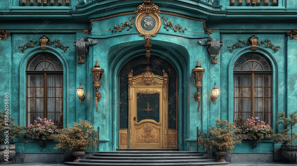 Obraz premium Ornate turquoise building entrance with golden door and plants.