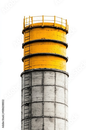 A tall concrete structure with an orange and yellow top, likely a smokestack or industrial chimney, showcasing a ladder for maintenance access.