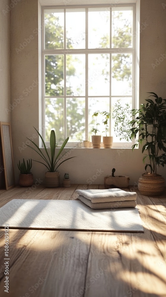 Fototapeta premium Simple minimalist setup with a meditation mat folded blanket