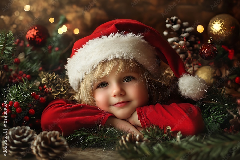 Cute Child in Santa Hat Christmas Festive Portrait Cute Child in Santa Hat Christmas Festive Portrait
